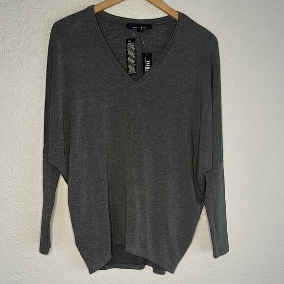 NEW WHBM Grey Modal Tee $99 Stretchy Long Dolman Sleeve Minimalist Neutral - Picture 1 of 9